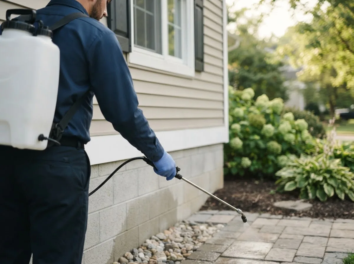 Pest control technician inspecting a home in Meredosia, IL